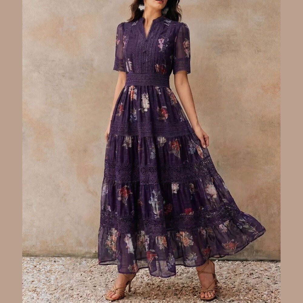 Plum Purple Floral Print Lace Trim Tiered Notched Neck Maxi Dress